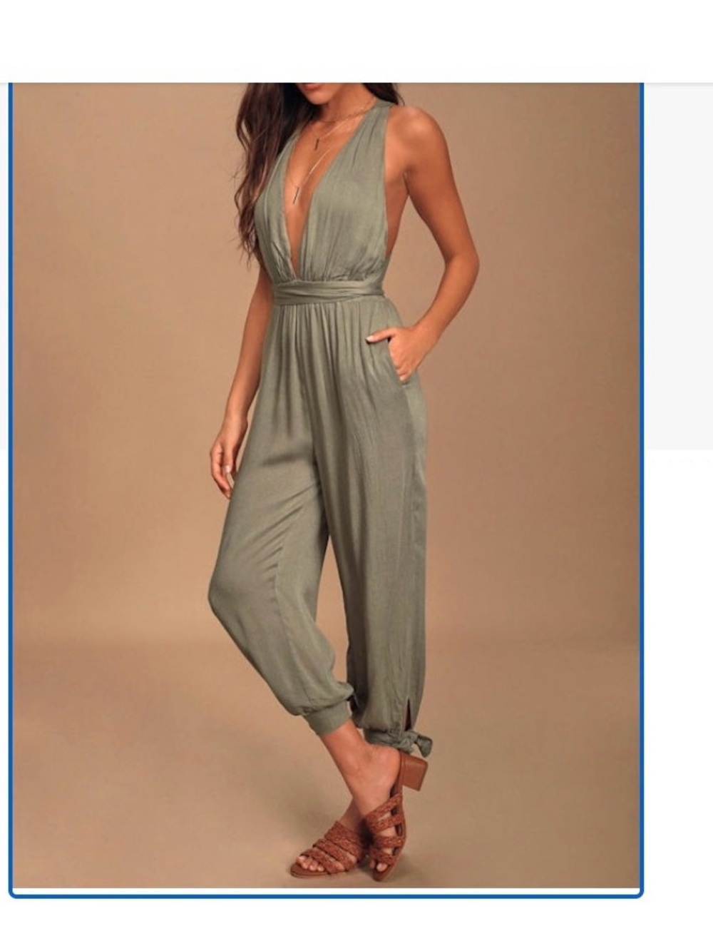 Lulu's Olive Halter Jumpsuit with Tie Hem
